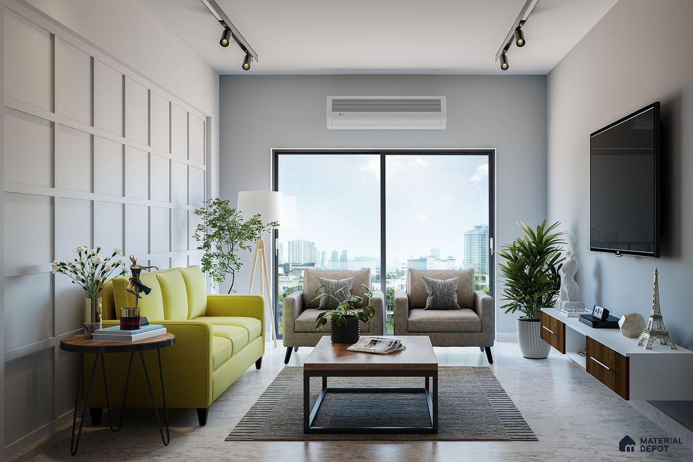 Chic contemporary living room with yellow and green accents, abundant greenery, and large window