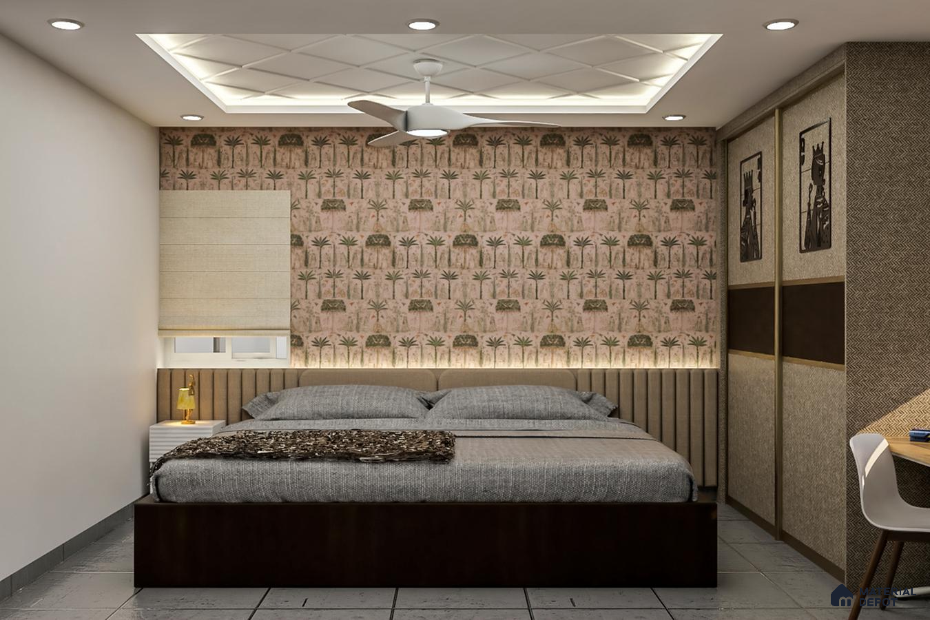 Stylish contemporary master bedroom with beige wardrobe, silver decor, and elegant flooring