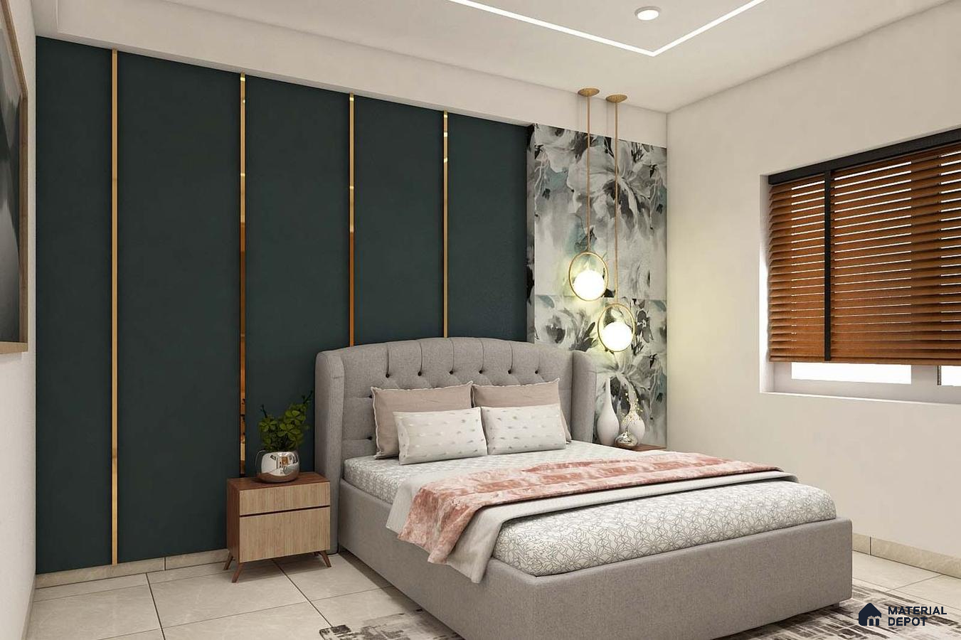 Serenely contemporary master bedroom with blue-green, gold accents, and a cozy window nook.