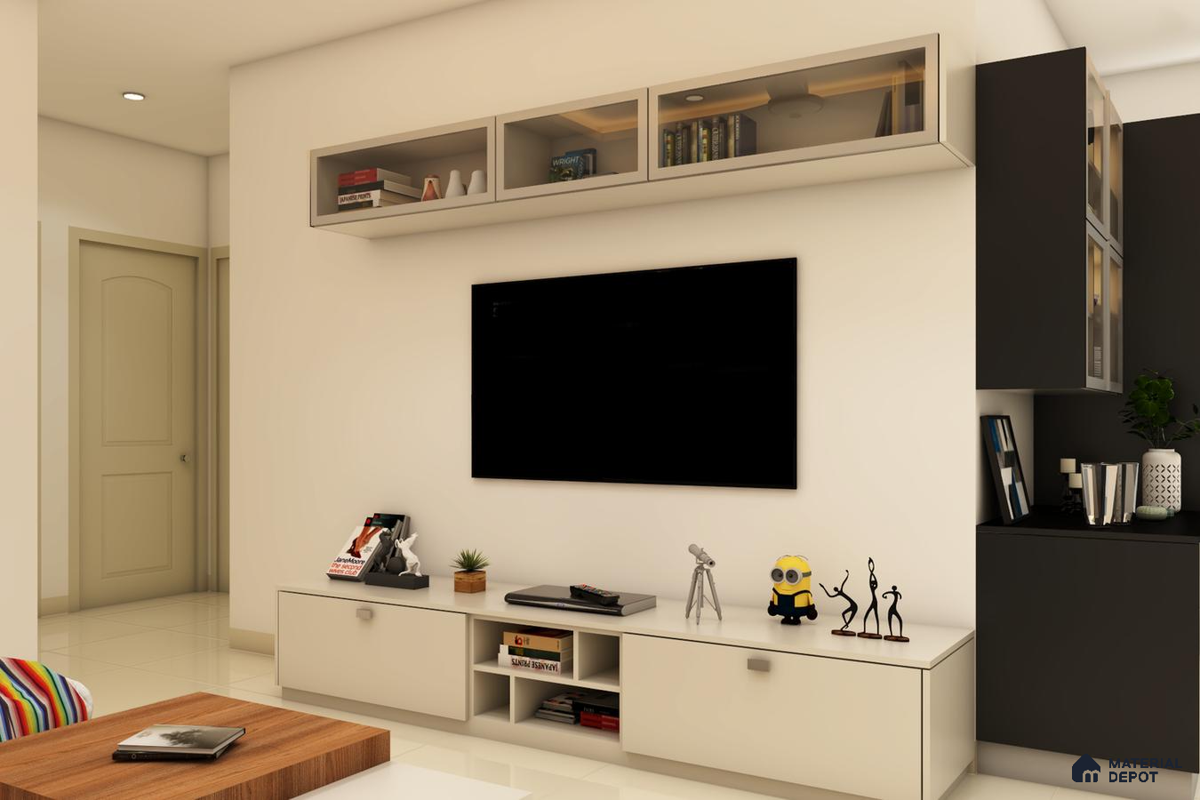 Spacious room with light and dark theme, modern TV unit with white storage, and curated showpiece on panels, exuding contrast elegance.