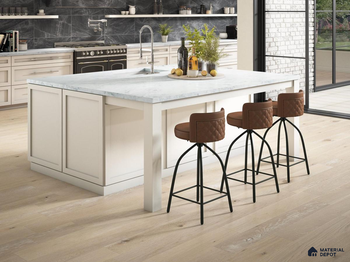 Kitchen with white and black marble with wooden flooring