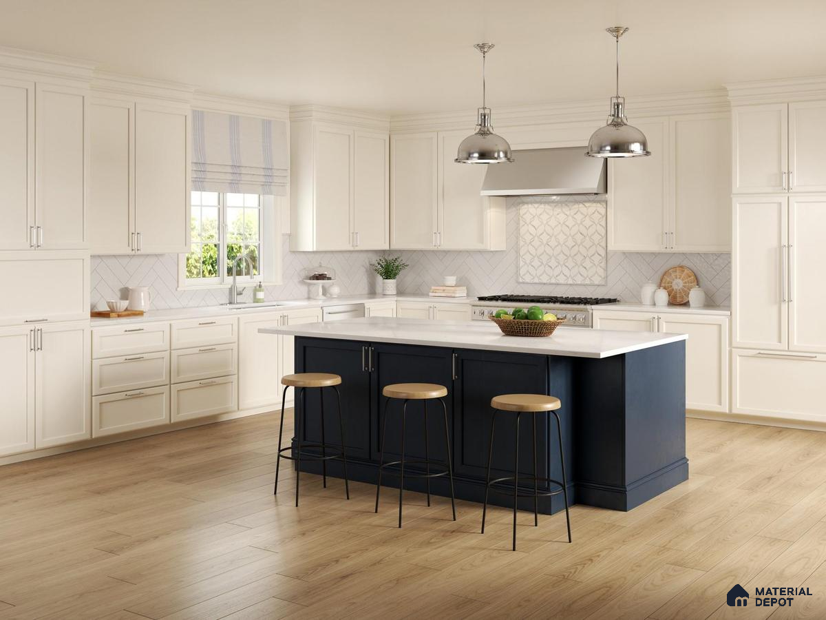 Kitchen with cream cabinets and wooden flooring