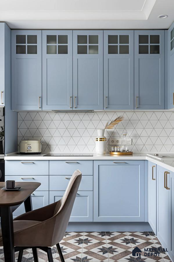 Cool Blue Kitchen with Geometric Backsplash and Star-Inspired Flooring | Material Depot