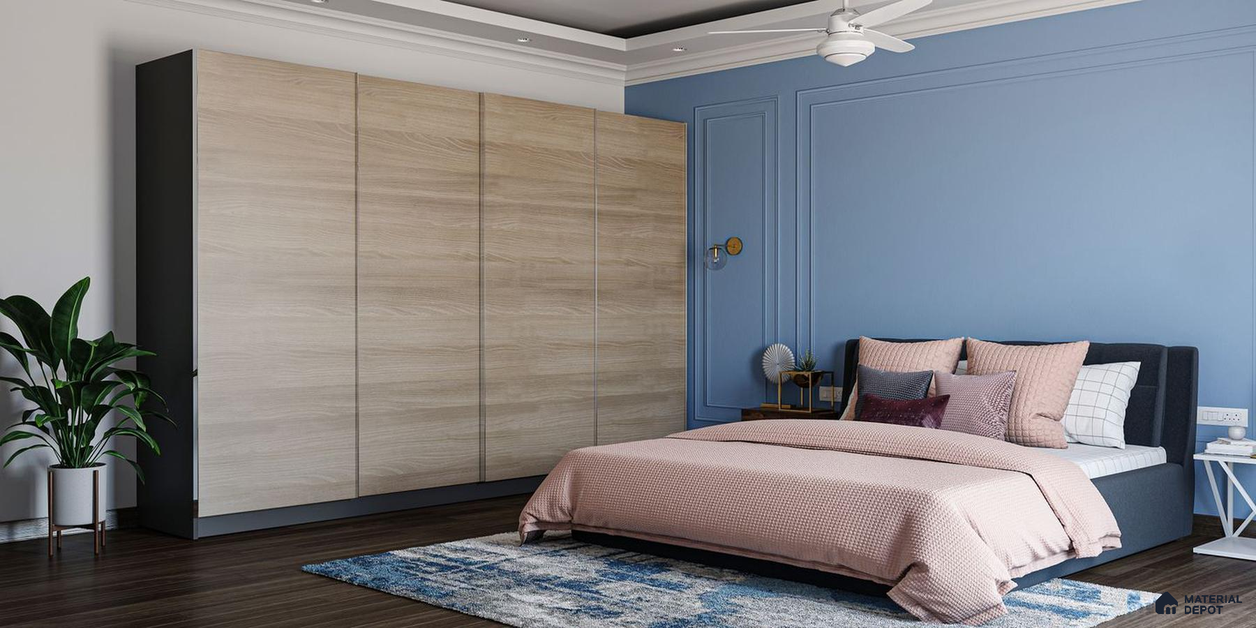 Couple's Wardrobe: Wooden Elegance in Serene Blue Room