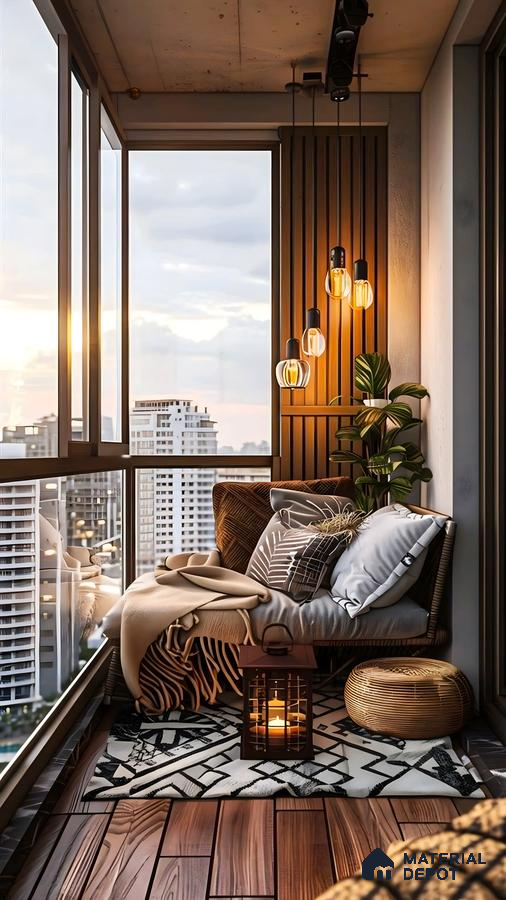 Cozy Balcony Retreat with Warm Lighting and Wooden Accents | Material Depot