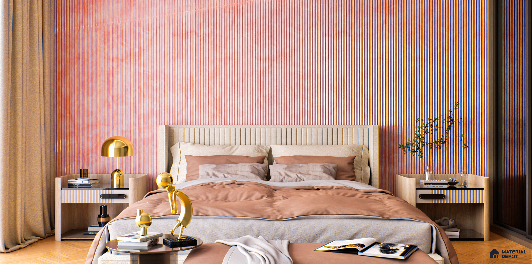 Cozy Bedroom with Pink Fluted Marble Wall Panels and Neutral Tones | Material Depot
