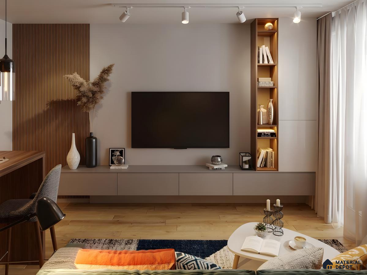 Cozy Contemporary Tv Wall With Fluted Wood Panel And Lit Vertical Bookshelf | Material Depot