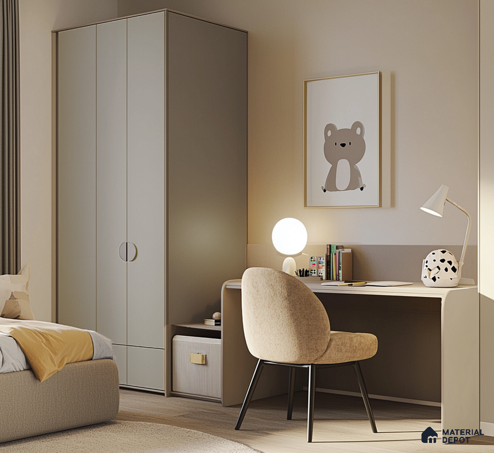Cozy Kids' Room with Minimalist Wardrobe and Study Desk | Material Depot