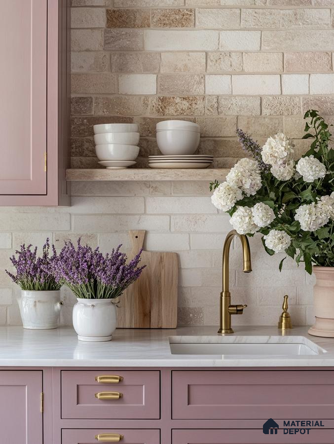 Cozy Kitchen with Lavender Accents, Rustic Features, and a Farmhouse Sink for a Welcoming Vibe | Material Depot