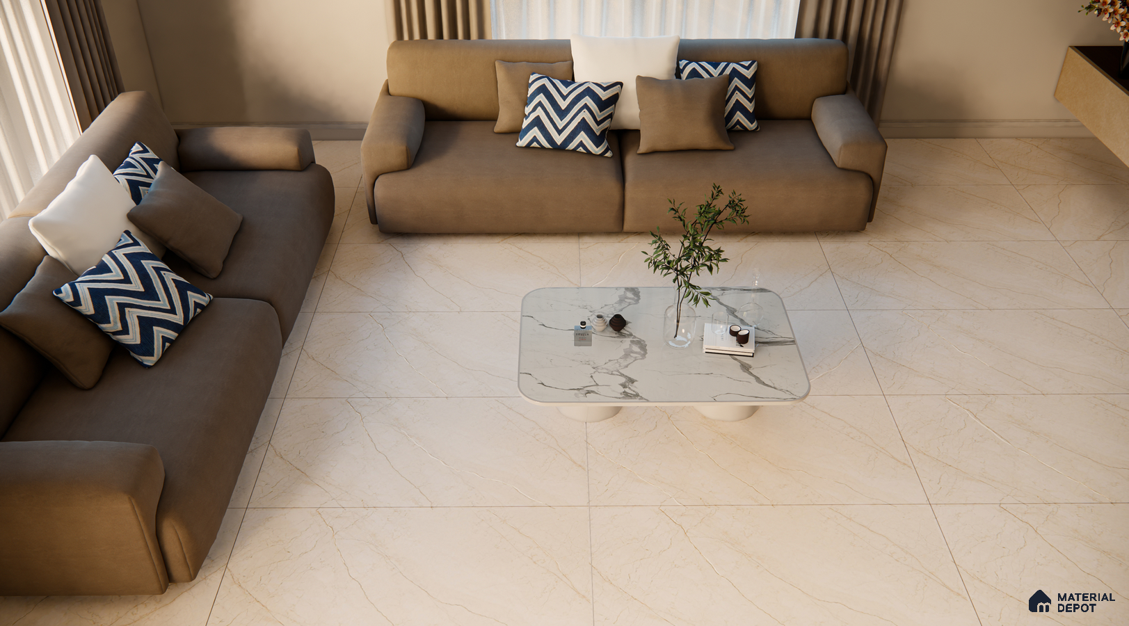 Cozy Living Room with Subtle Beige Marble Flooring | Material Depot