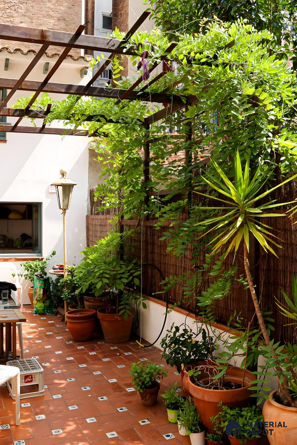 Cozy Terrace with Terracotta Tiles and Lush Greenery | Material Depot