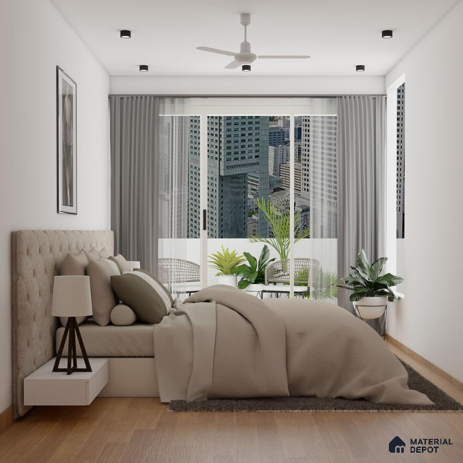 cozy and modern bedroom with a beige bed, a tufted headboard, green plants, and a large window with a city view.
