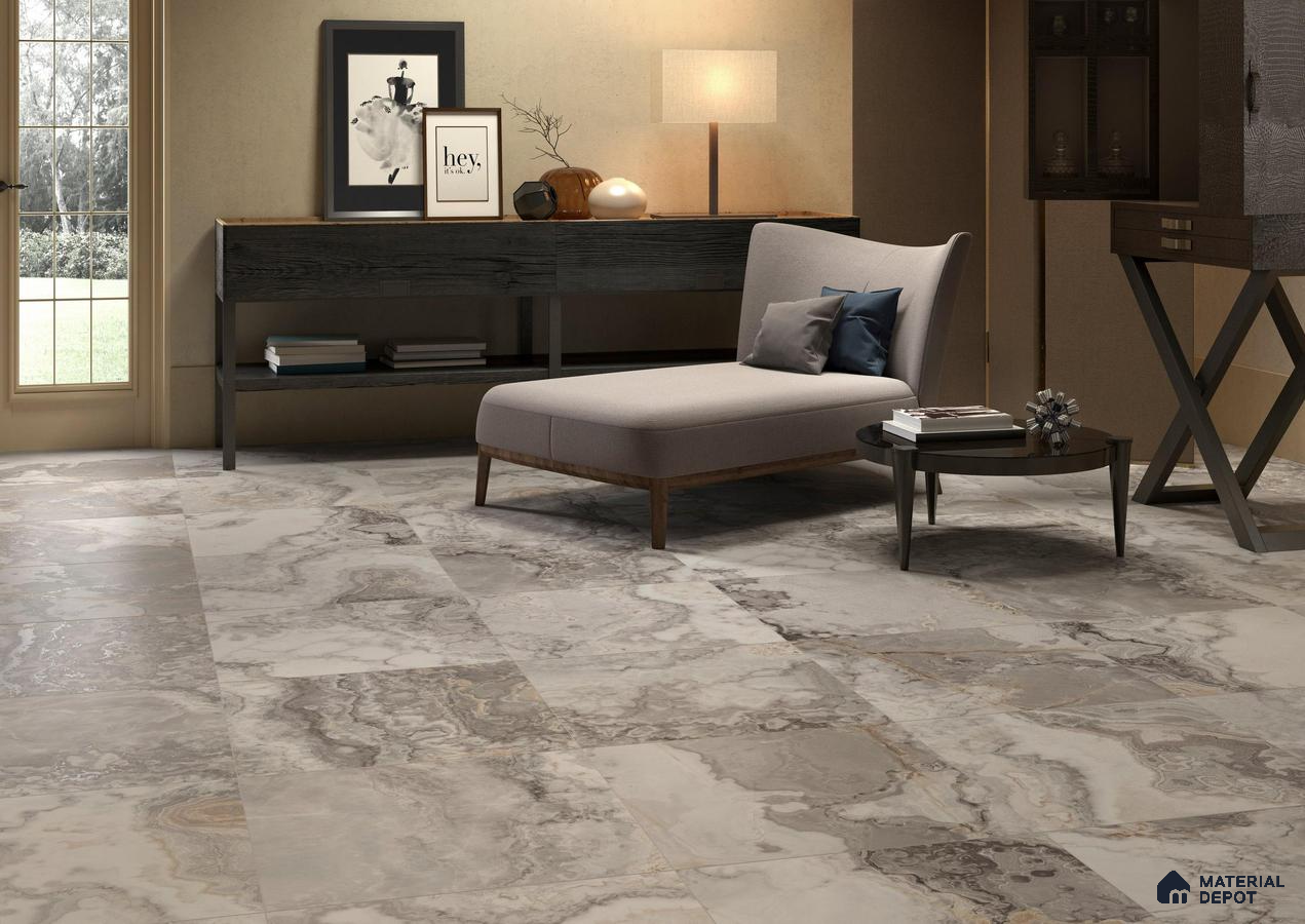 Living room with grey marble tile floor and wenge laminate cabinet