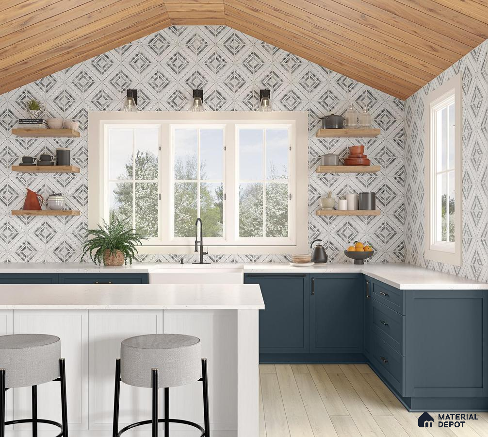 Kitchen with flowery tiles blue cabinet and wooden floor