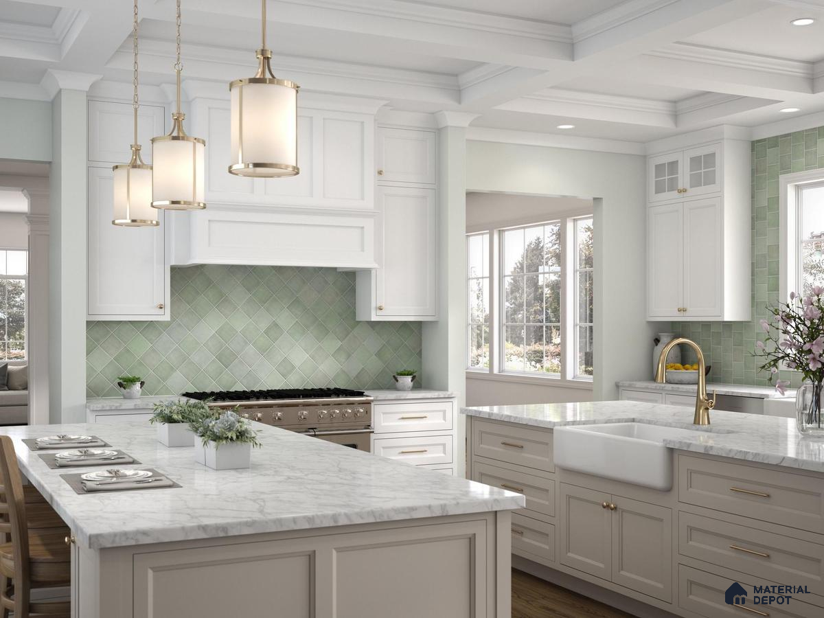 Kitchen with cream cabinets and green walls