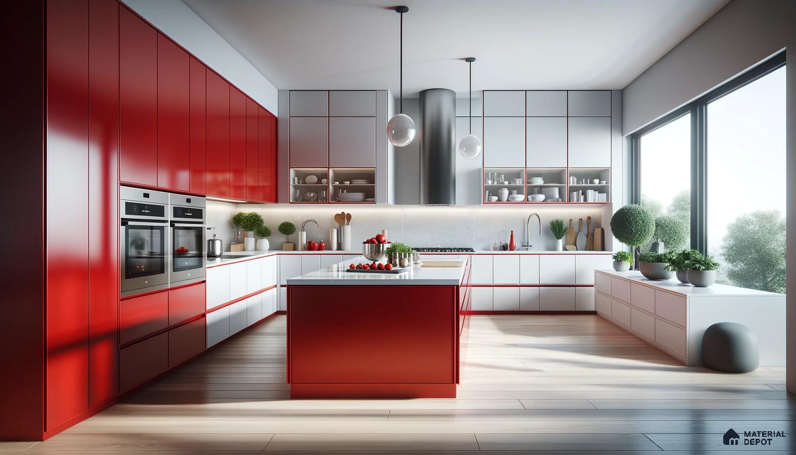 Crimson Brilliance: Sleek Modern Kitchen with Bold Color Statement | Material Depot