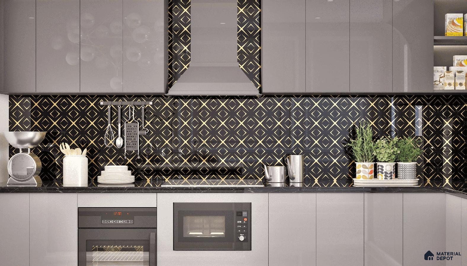 Sleek kitchen with black and gold glass highlighter tile backsplash.