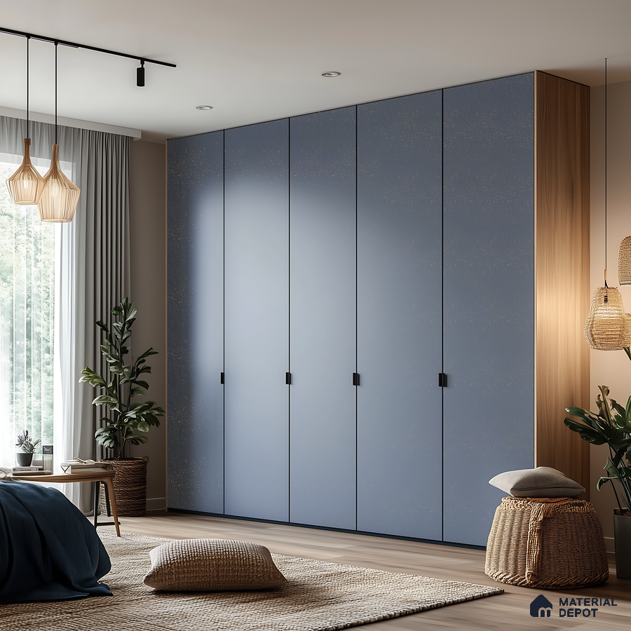 Custom Blue Wardrobe with Wood Accents in a Cozy Boho Bedroom | Material Depot