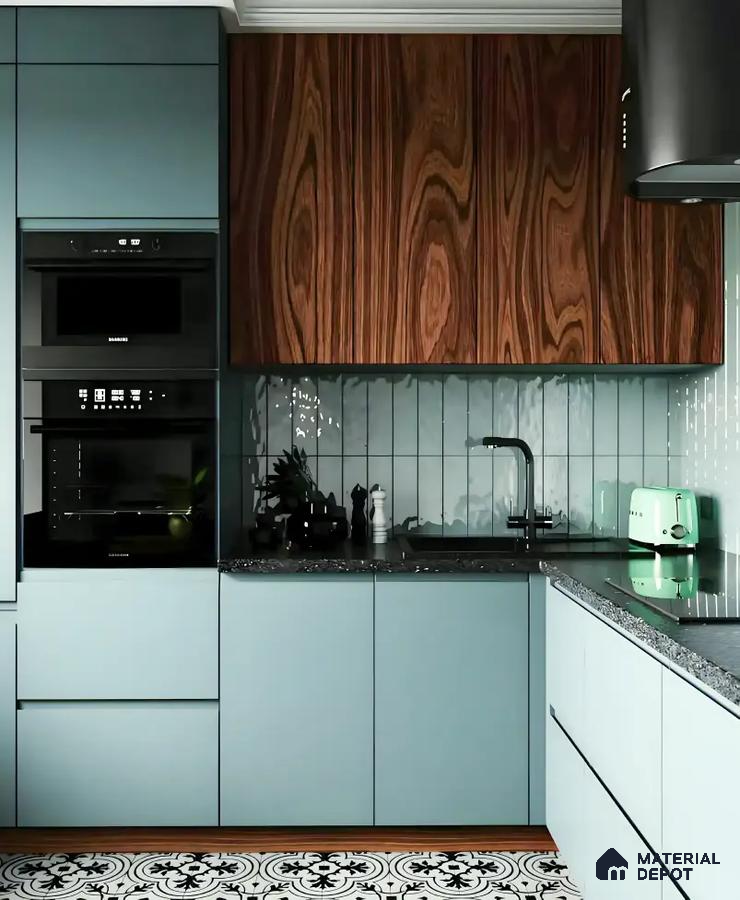 Glossy Island Kitchen with Dark Accents and Floor-to-Ceiling Windows | Material Depot