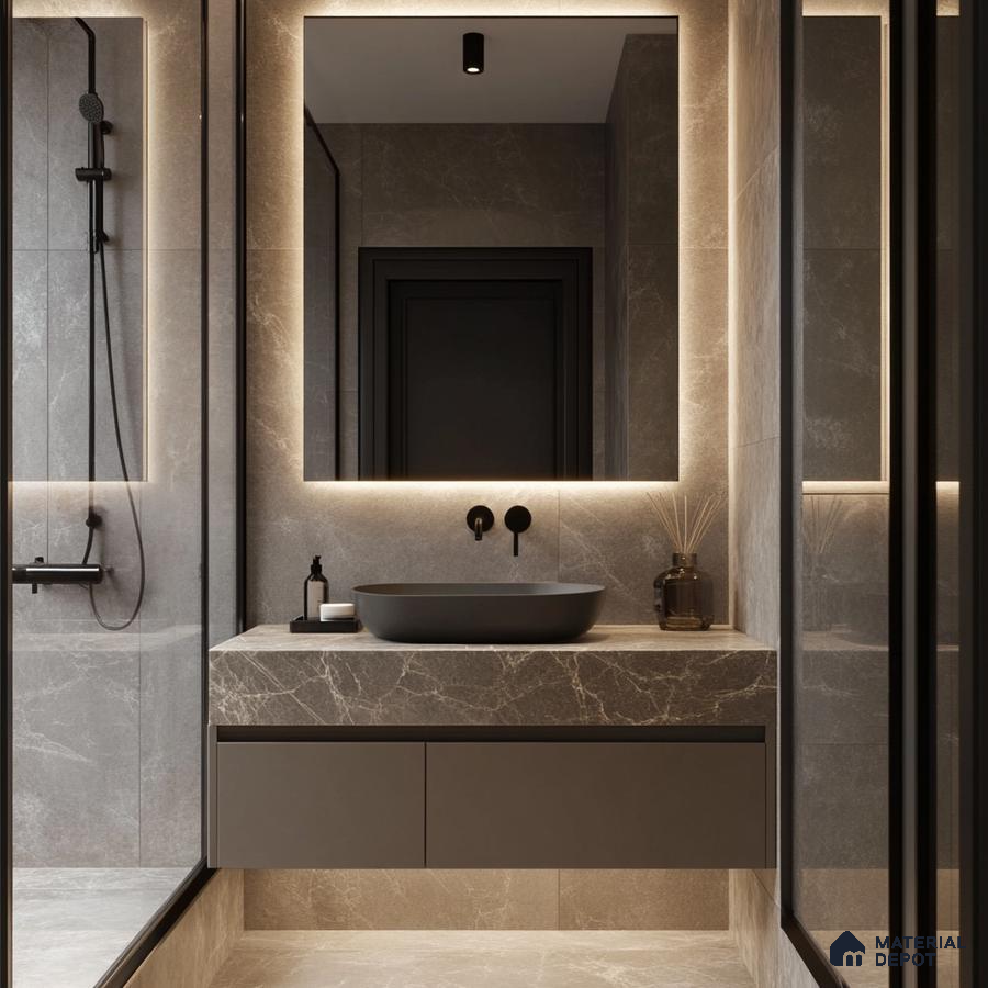 Dark Elegance: Refined Bathroom with Sophisticated Marble Accents and Matte Black Fixtures | Material Depot
