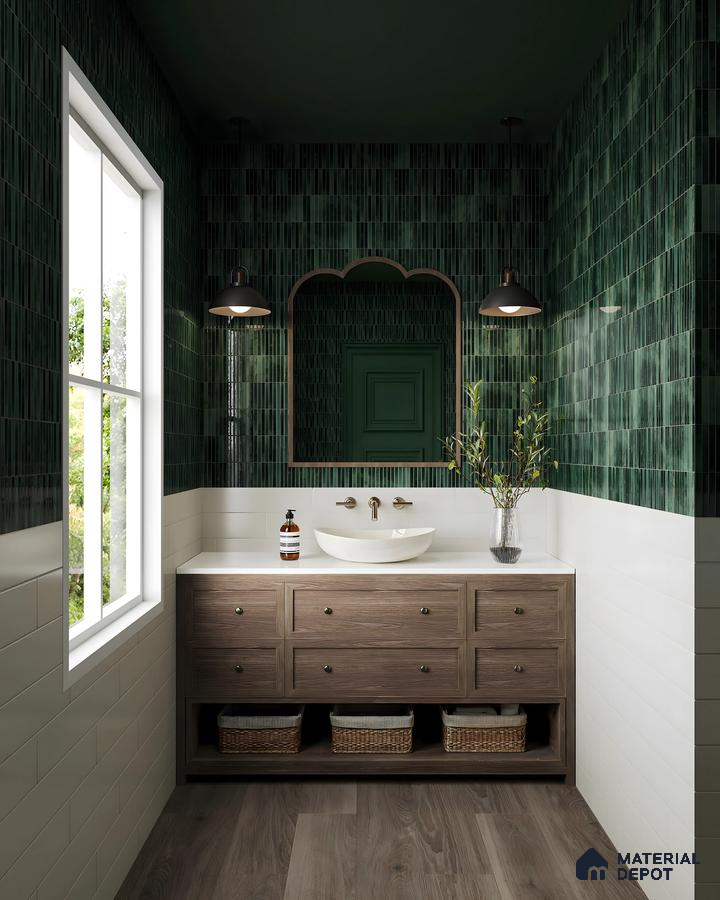 Dark Green and Inviting Bathroom Design with Dark Green Tile Backsplash and Wooden flooring Prestige Glenbrook Whitefield | Material Depot