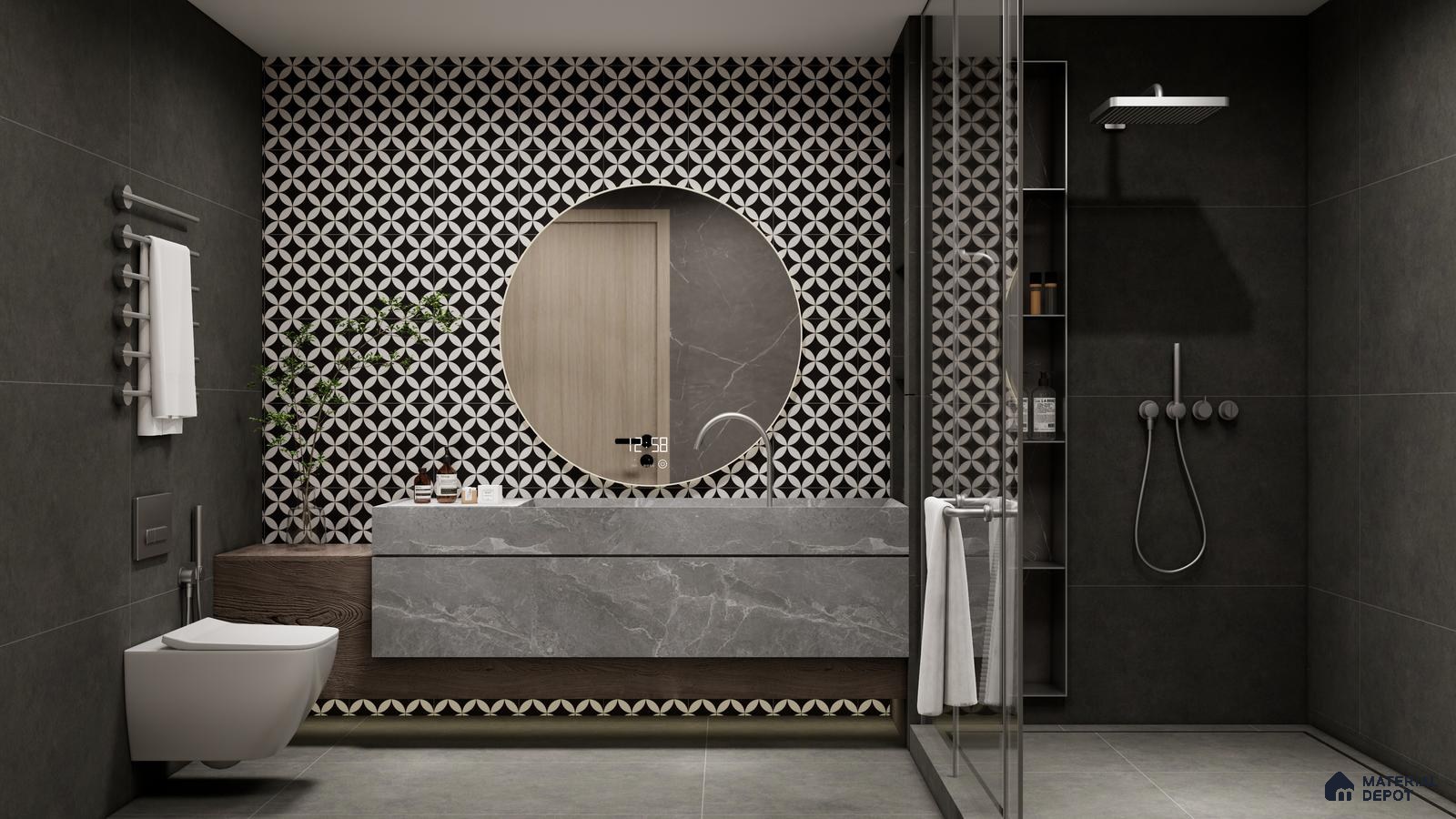 Dark Luxe Bathroom with Geometric Accent Wall | Material Depot