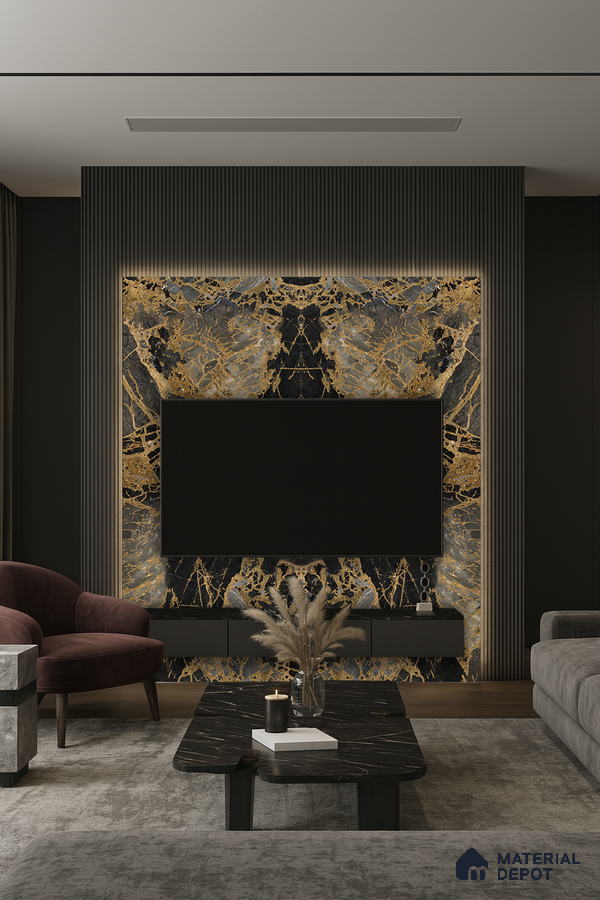 Minimalist Living Room with White Marble TV Wall and Wooden Accents | Material Depot