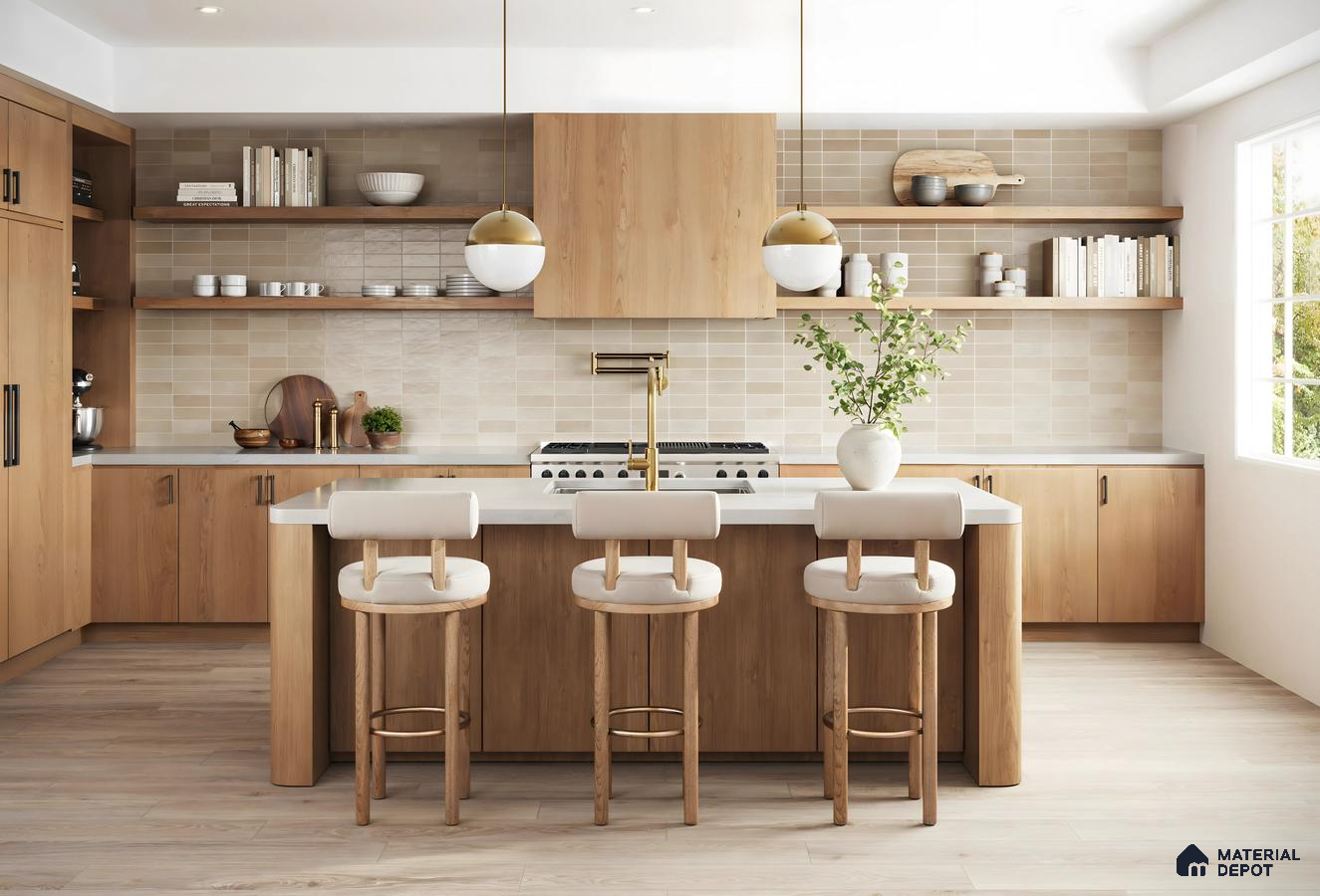 Designer Spacious Kitchen Design with glossy brick subway tiles Vaishnavi Serene Yelahanka | Material Depot