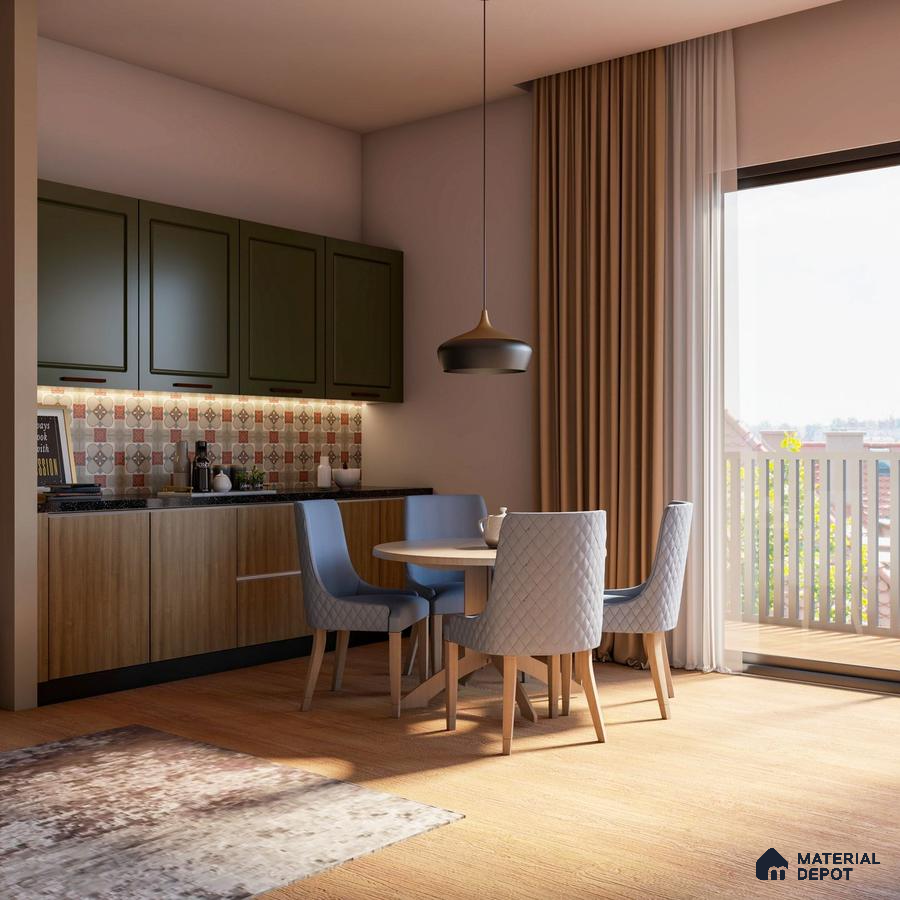 Dining area with green cabinets, wooden table, blue chairs, and balcony view