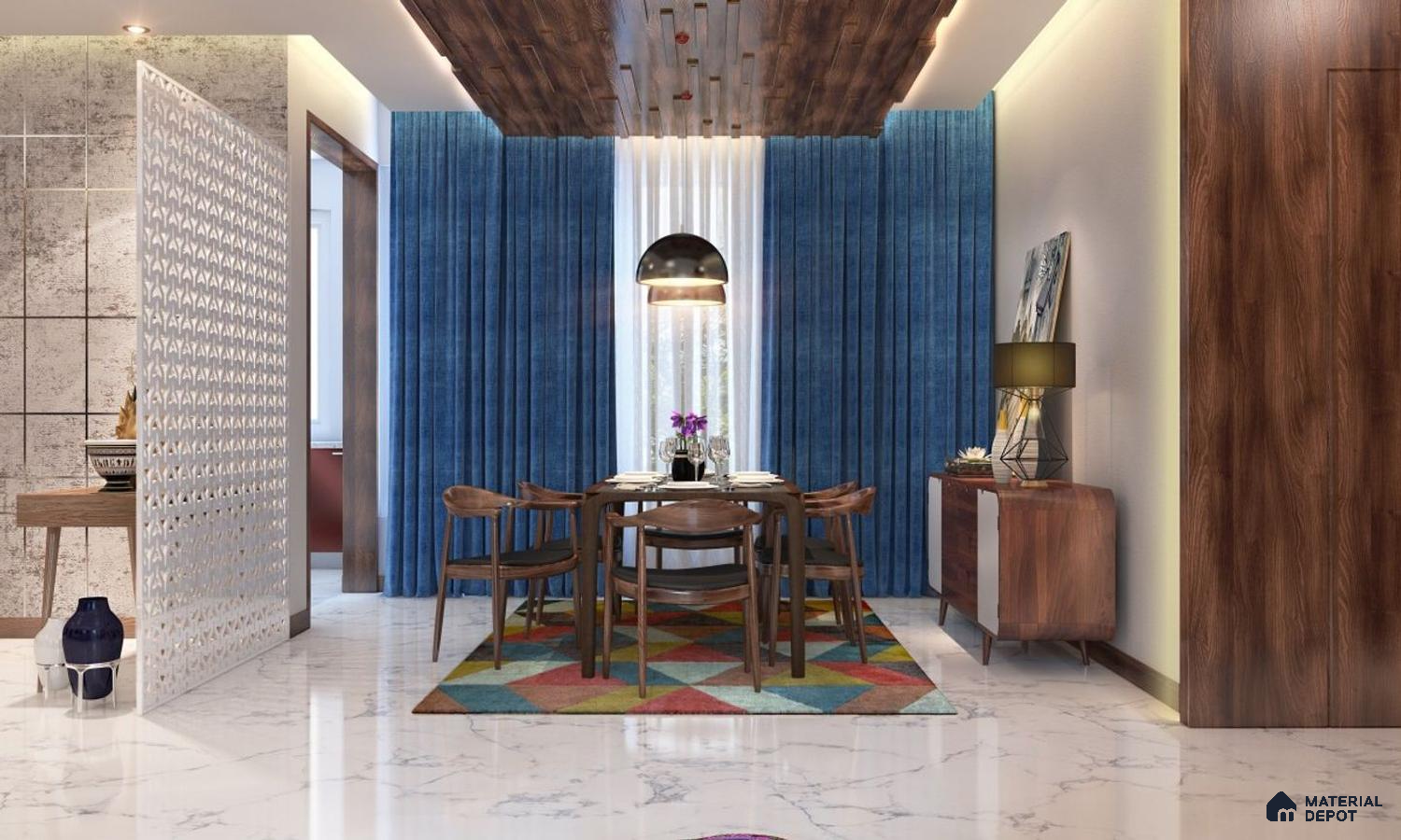 dining room with a wooden table, six chairs, a blue velvet curtain, a geometric rug, a chandelier, and a vase of flowers