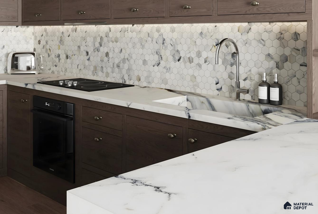 Dramatic and Stylish Kitchen Design with Hexagonal Walls and White Marble Quartz Mana Dale Sarjapur Road | Material Depot