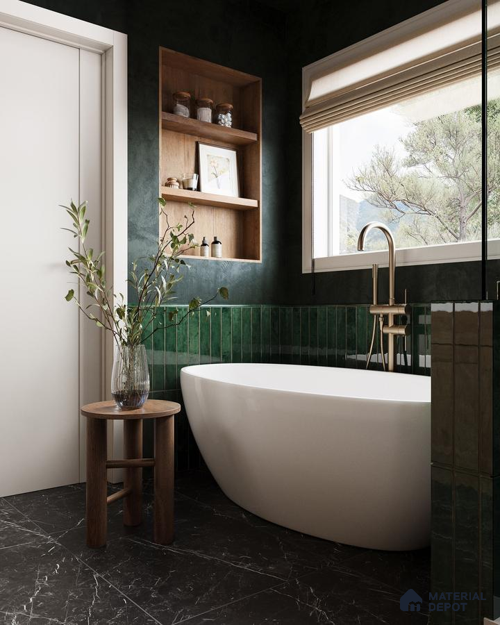 Dramatic Dark Green and Black Tile Bathroom with Freestanding Tub and Golden Accents | Material Depot