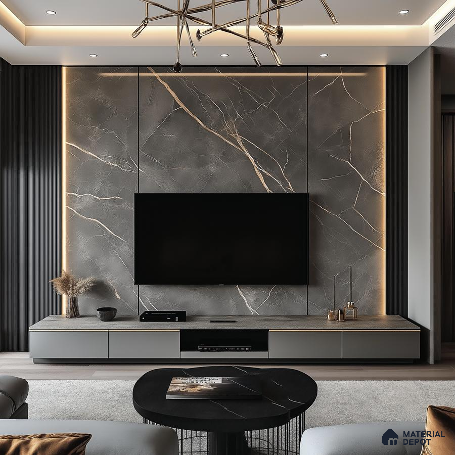 Dramatic Living Room with Dark Marble Feature Wall and Gold Accents | Material Depot