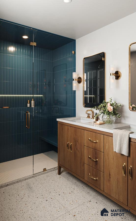 Dramatic Modern Bathroom with Deep Blue Tiled Shower, Terrazzo Floor, and Wood Vanity | Material Depot