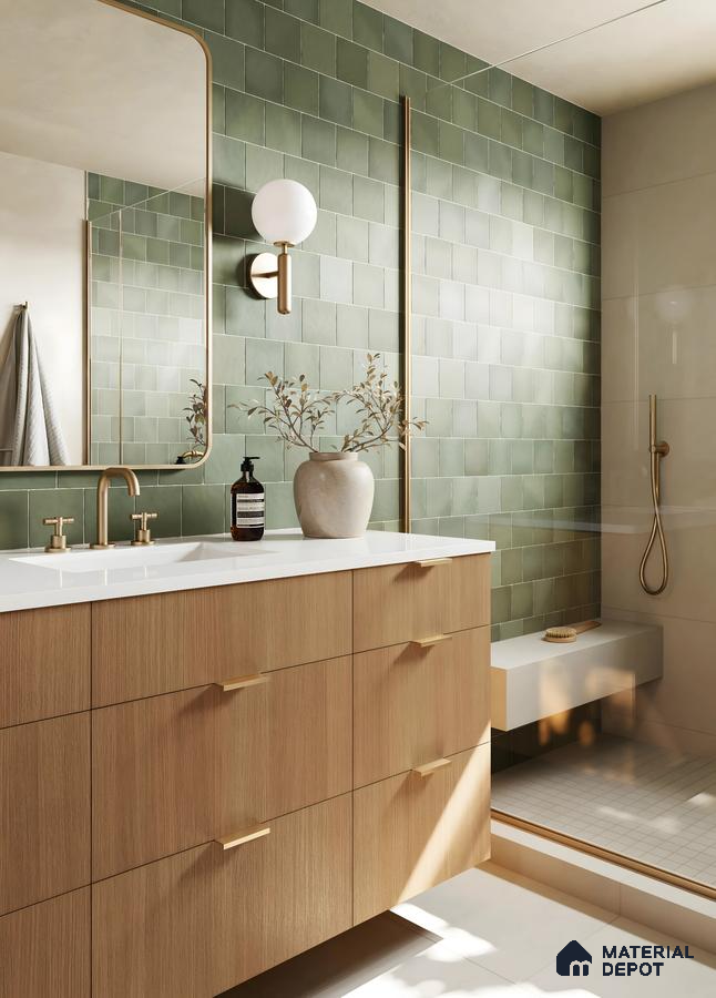 Dull and Green Bathroom Design with Grey Flooring and Geometric Texture Salarpuria Sattva Exotic Bagalur Road | Material Depot