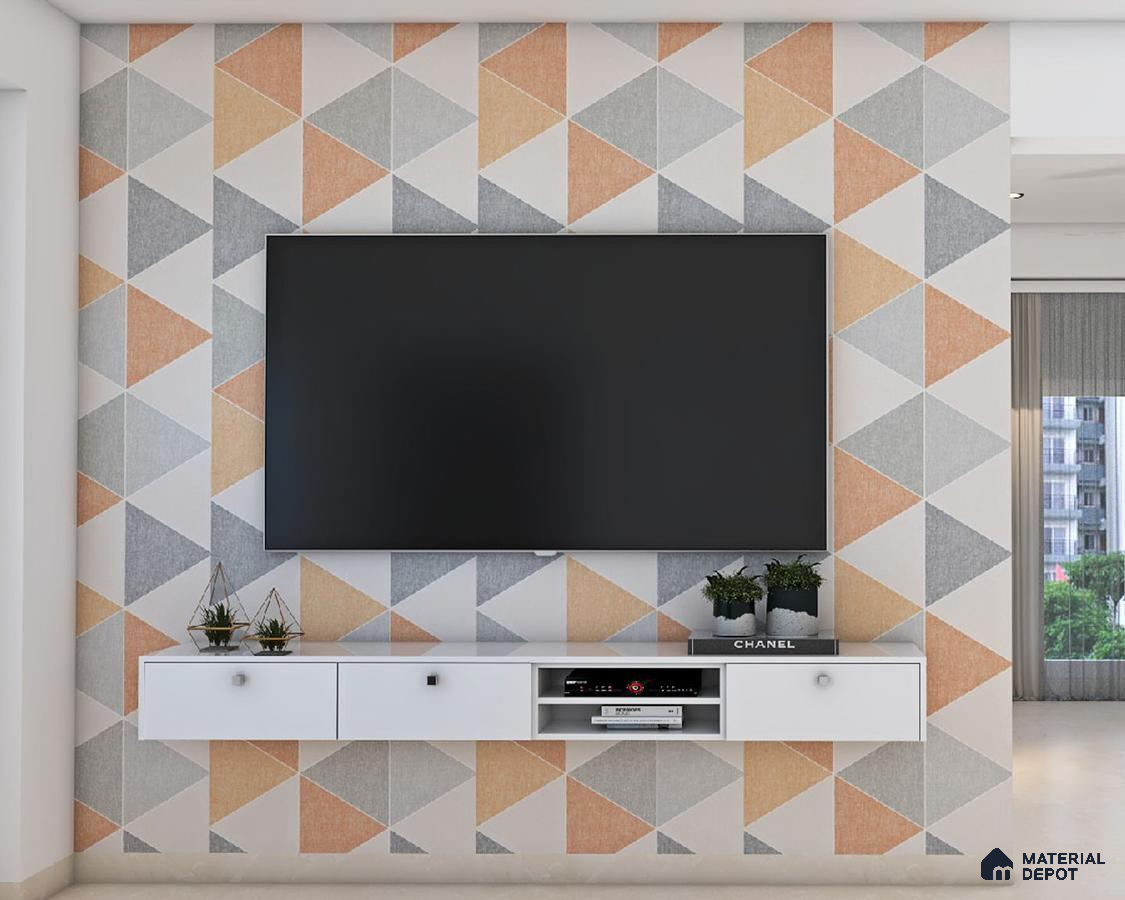 Chic TV Unit with Abstract Wallpaper
