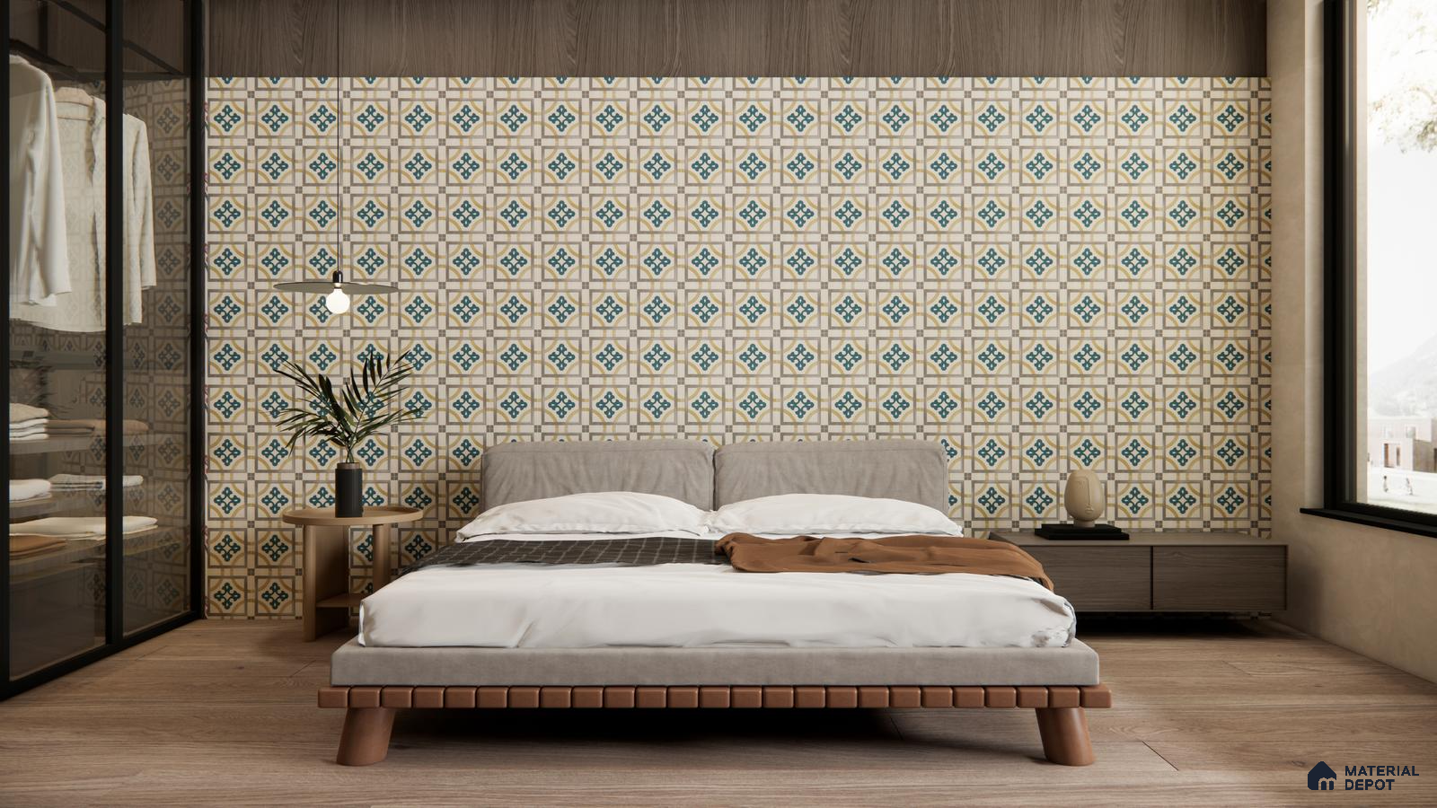 Earth-Toned Bedroom with Classic Moroccan-Inspired Tile Accent Wall | Material Depot