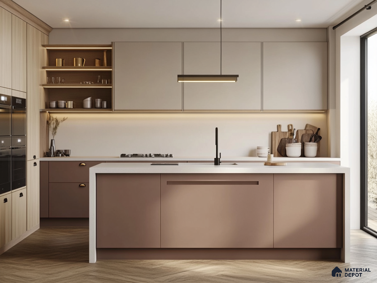 Glossy Island Kitchen with Dark Accents and Floor-to-Ceiling Windows | Material Depot