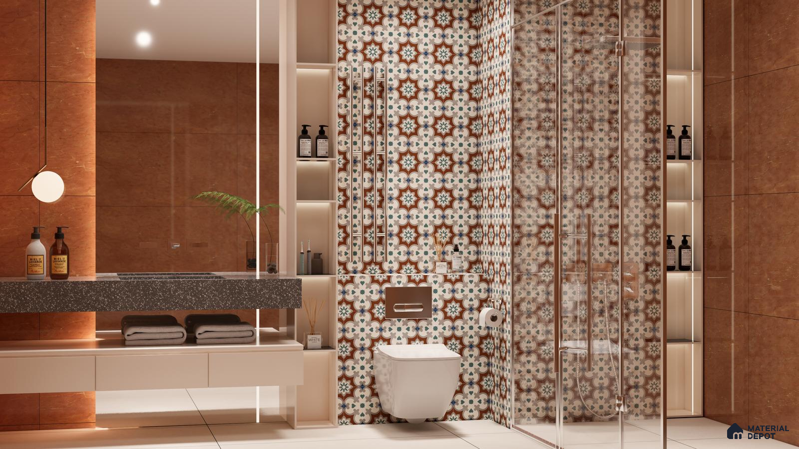 Earthy Moroccan Pattern Bathroom with Warm Terracotta Walls | Material Depot