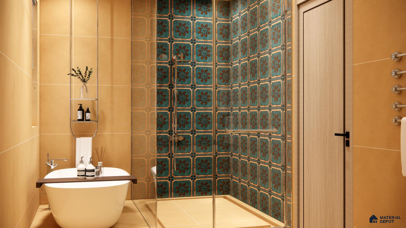Earthy Moroccan Shower Wall with Vintage Blue Floral Tiles | Material Depot