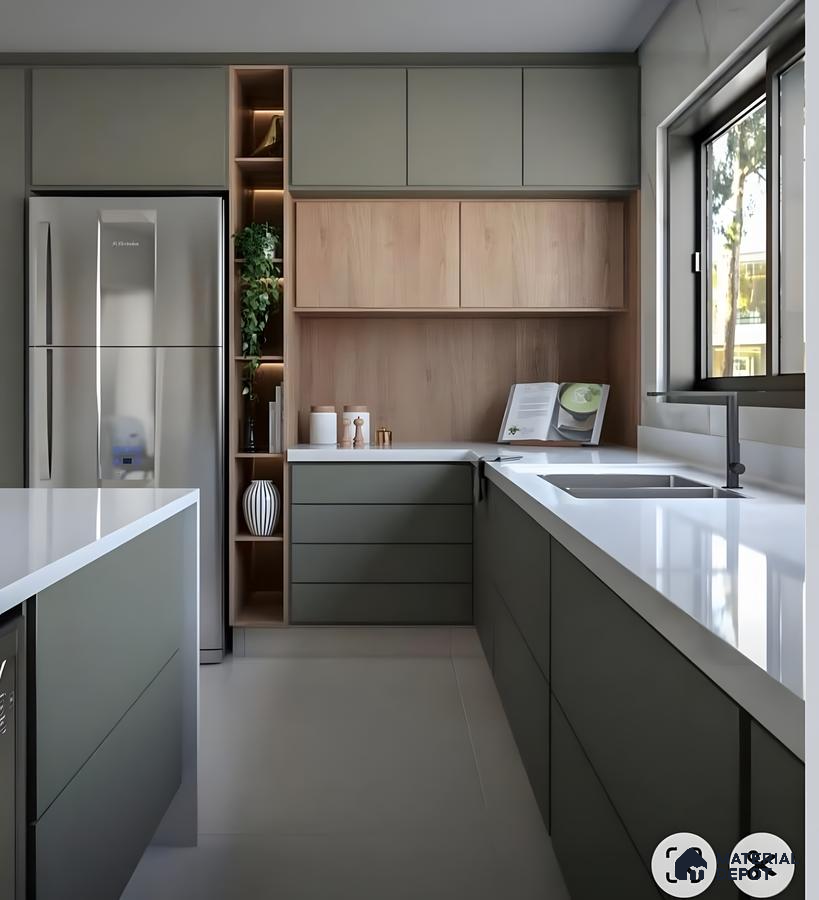 Earthy Olive And Wood Kitchen With Quartz Countertops | Material Depot