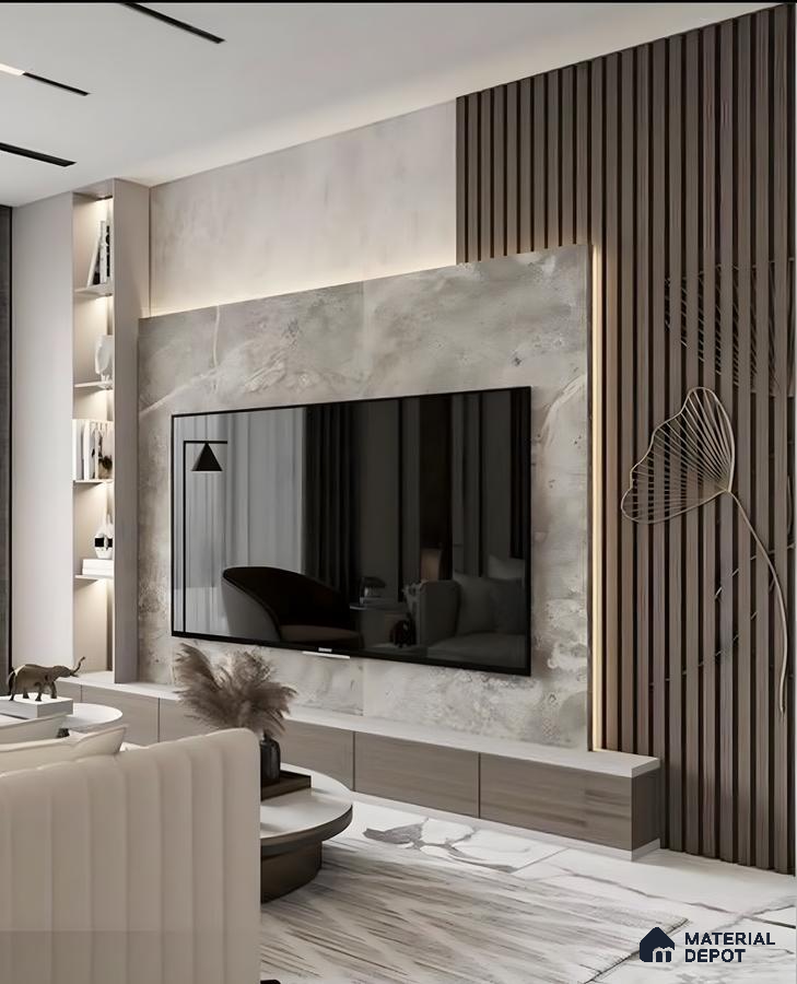 Earthy Stone And Wood Fluted Tv Wall With Artistic Floral Engraving | Material Depot