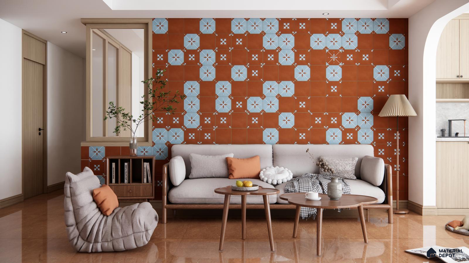 Earthy Terracotta & Blue Floral Tiles for Cozy Living Room | Material Depot