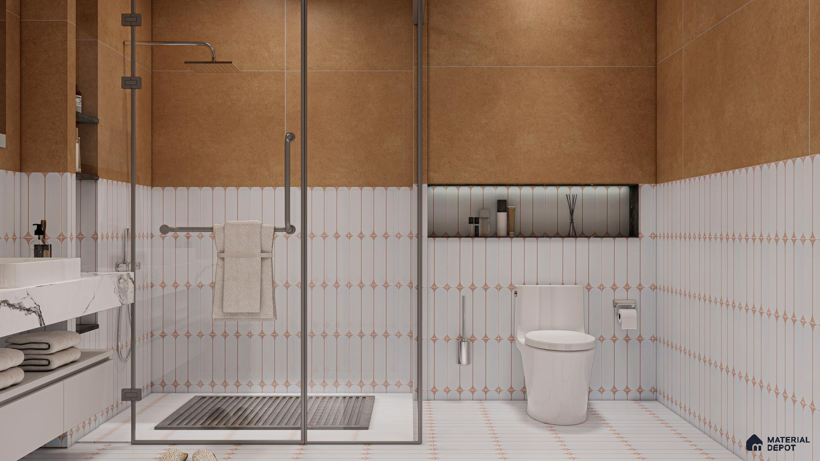 Earthy Toned Bathroom with Moroccan Patterned Tiles | Material Depot