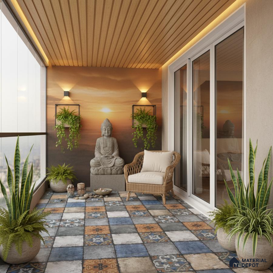 Eclectic balcony with patterned moroccan floor tiles, wood slat ceiling, and sunset mural wall