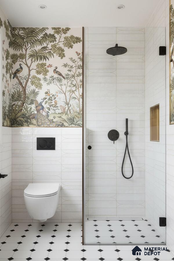 Eclectic bathroom with botanical wallpaper, white geometric wall tiles, and black-and-white octagonal floor tiles | Material Depot