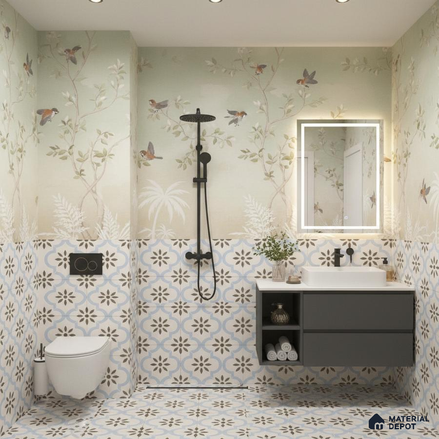Eclectic bathroom with chinoiserie wallpaper and blue patterned floor and wall tiles in Bengaluru | Material Depot
