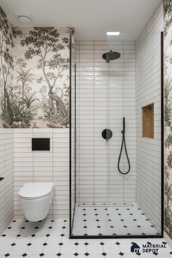 Eclectic bathroom with chinoiserie wallpaper, white linear subway wall tiles, and black-and-white octagonal floor tiles | Material Depot