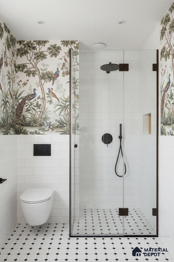 Eclectic bathroom with chinoiserie wallpaper, white subway wall tiles, and black-and-white geometric floor tiles | Material Depot