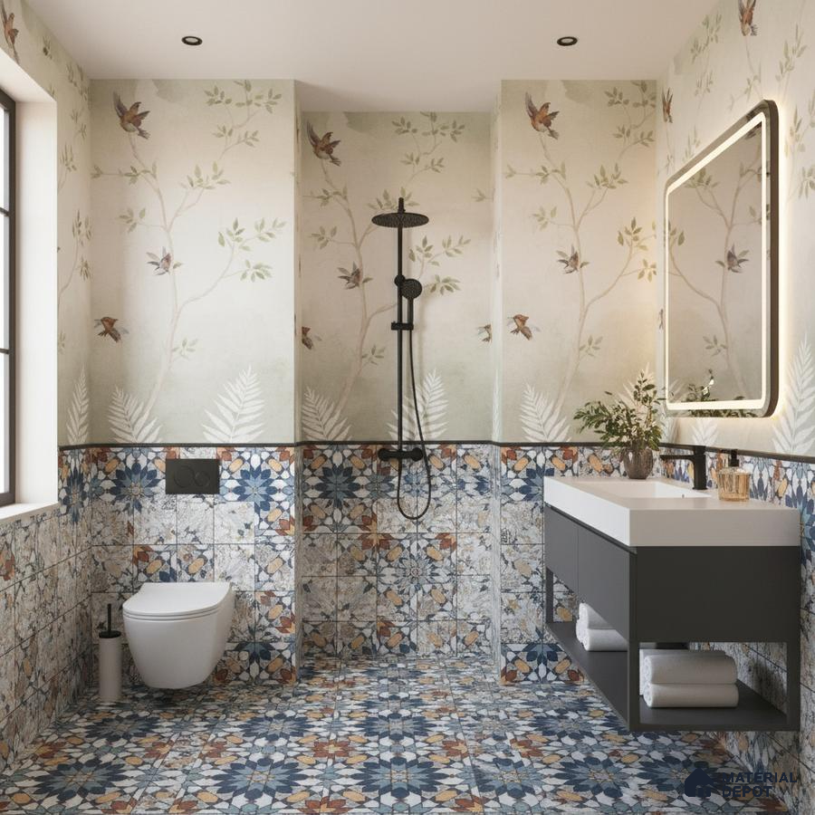 Eclectic bathroom with floral patterned tiles and nature-inspired wallpaper in Bengaluru | Material Depot
